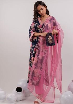 Navy Blue Embroidered Cotton Kurta Set