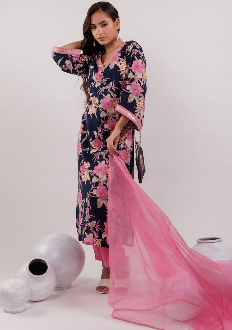 Navy Blue Embroidered Cotton Kurta Set