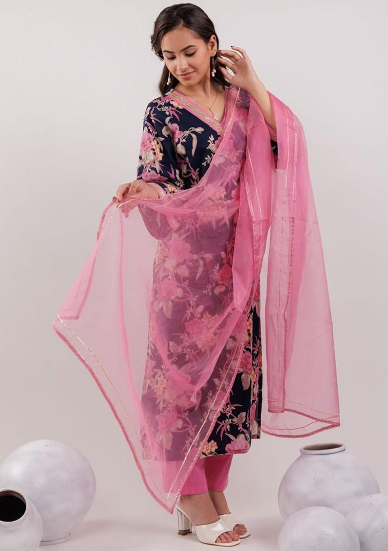 Navy Blue Embroidered Cotton Kurta Set