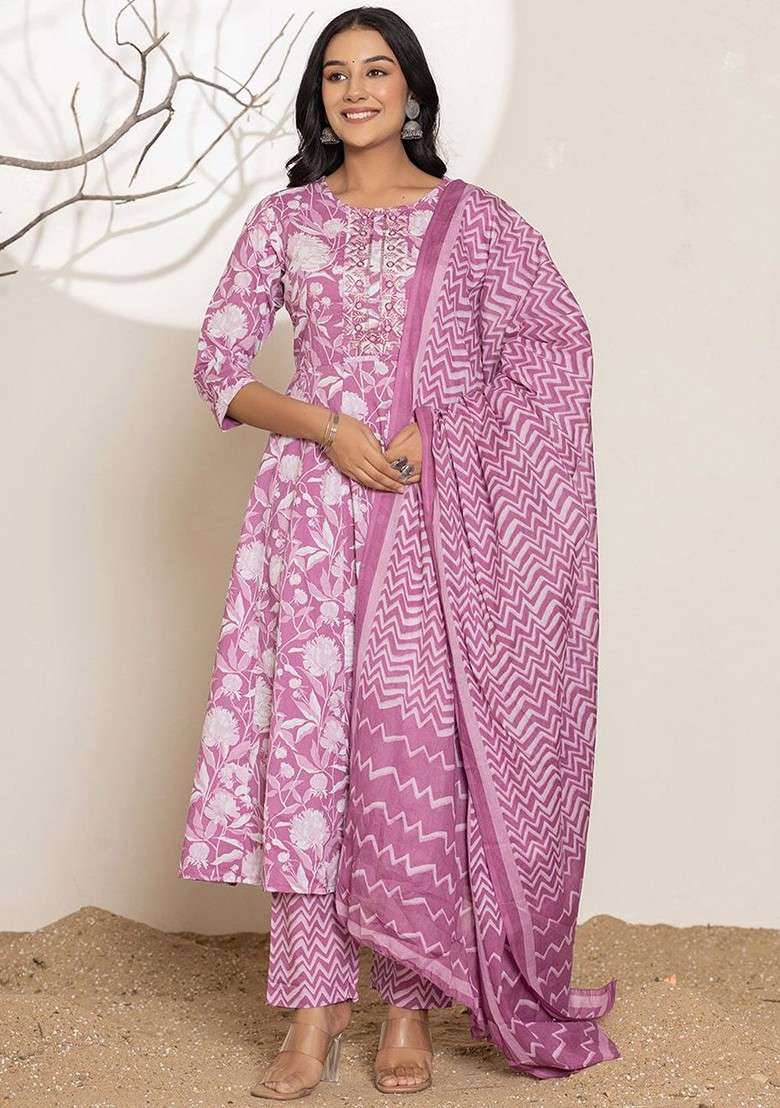 Purple Printed Cotton A Line Kurta Set - Indya