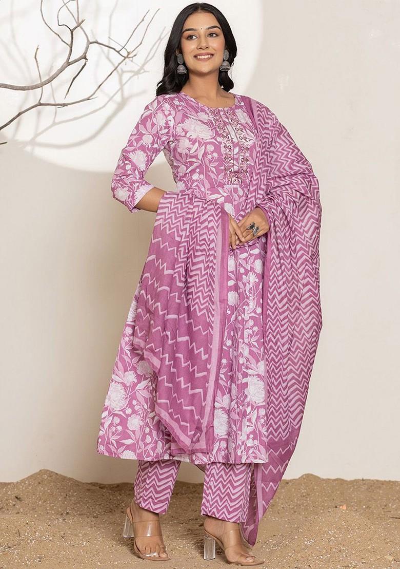 Purple Floral Print Cotton Kurta Set