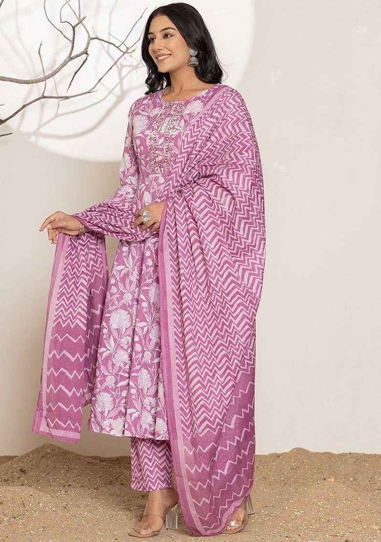Purple Printed Cotton A Line Kurta Set - Indya