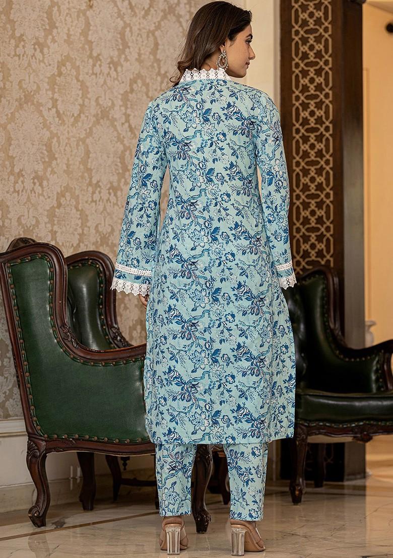 Blue Floral Print Cotton Kurta Set