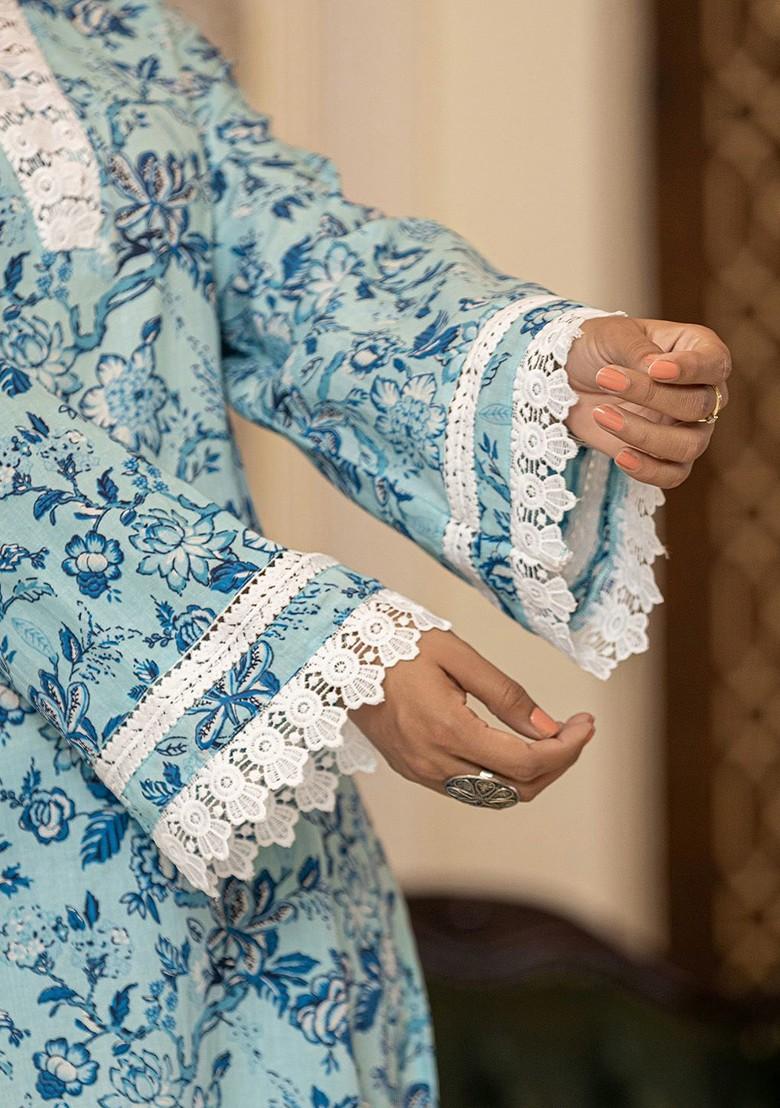 Blue Floral Print Cotton Kurta Set