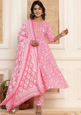 Pink Floral Print Cotton Kurta Set