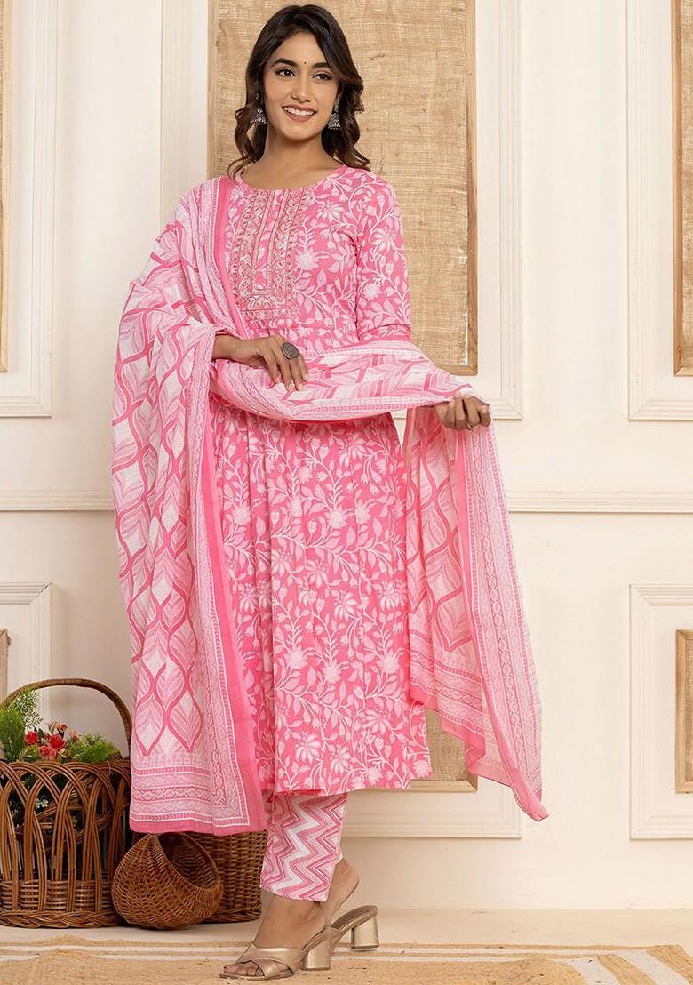 Pink Floral Print Cotton Kurta Set
