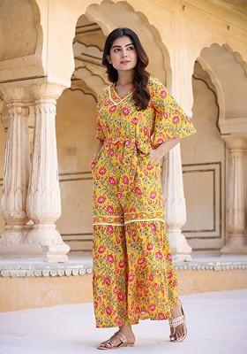 Yellow Printed Poly Blend Jumpsuit