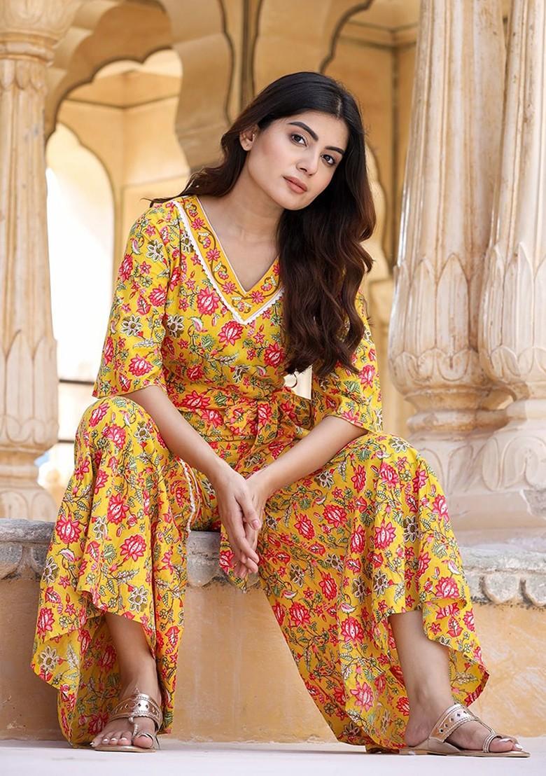 Yellow Printed Poly Blend Jumpsuit