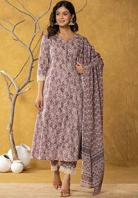 Purple Floral Print Cotton Kurta Set