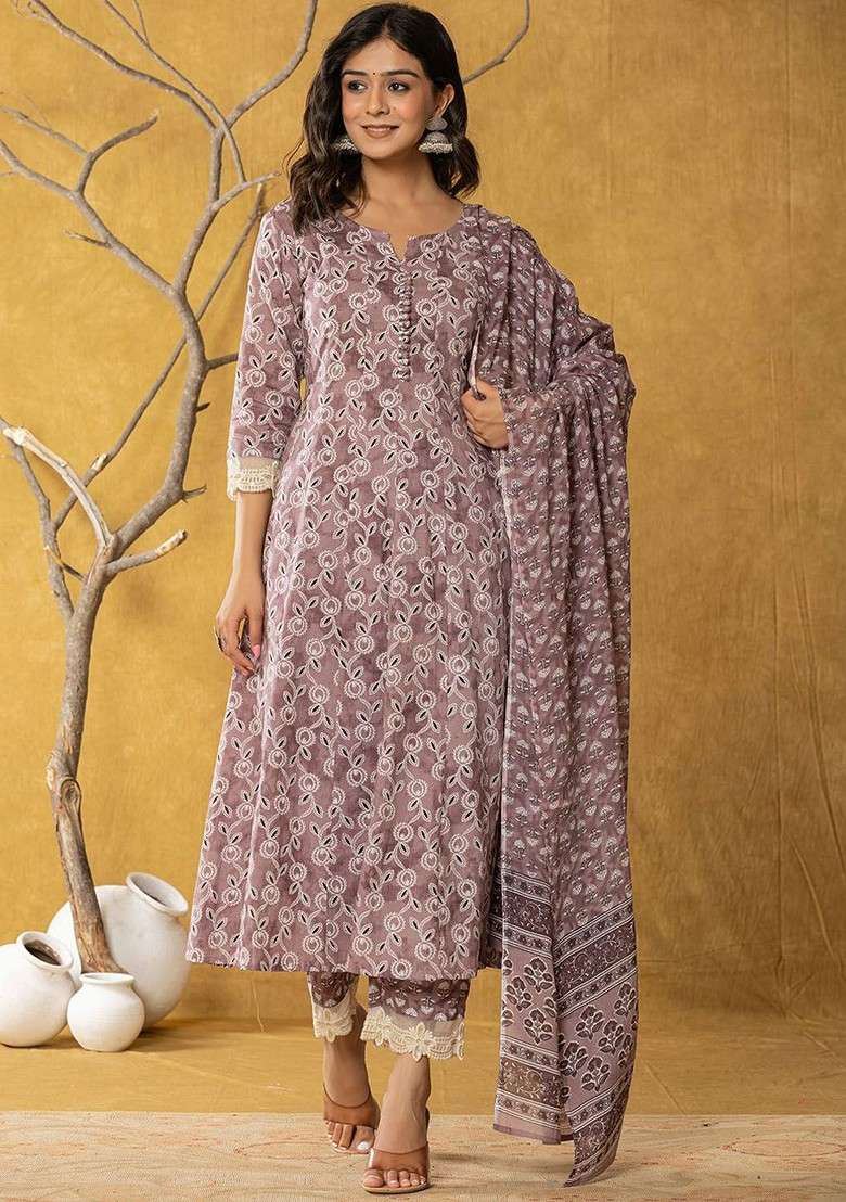 Purple Printed Cotton Straight Kurta Set - Indya
