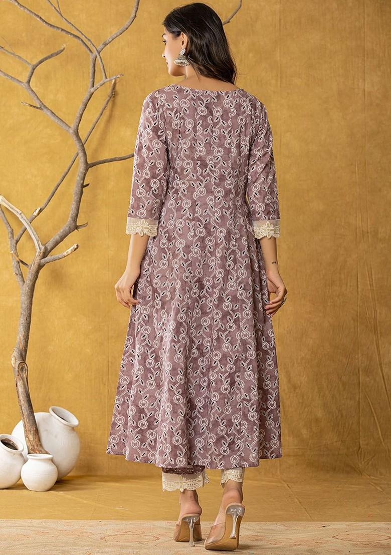 Purple Floral Print Cotton Kurta Set