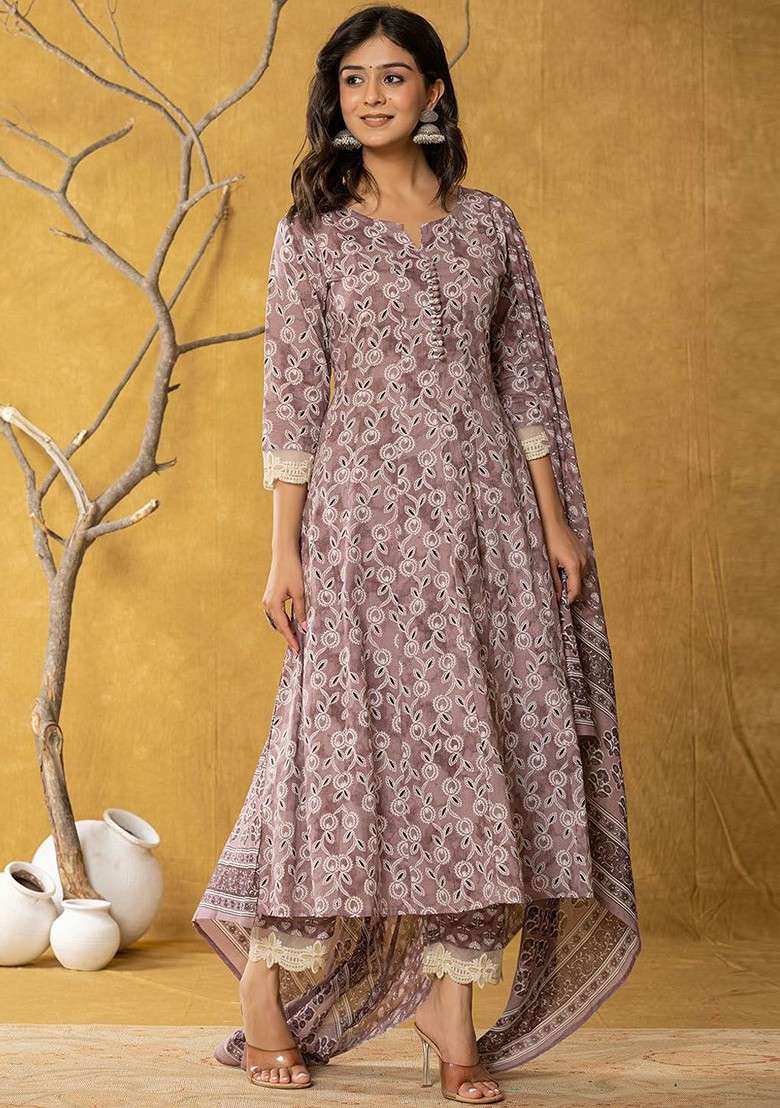 Purple Printed Cotton Straight Kurta Set - Indya