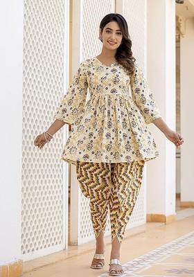 Yellow Floral Print Cotton Kurta Set