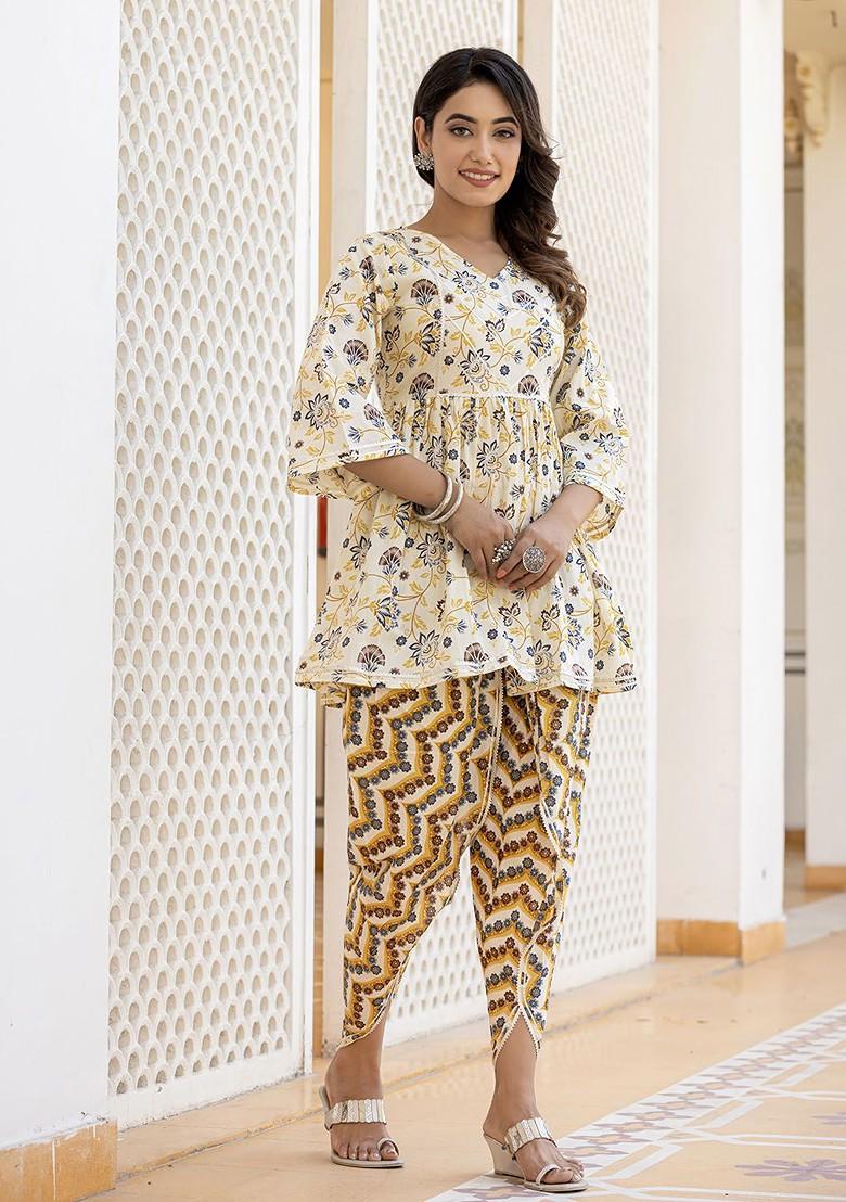 Yellow Floral Print Cotton Kurta Set