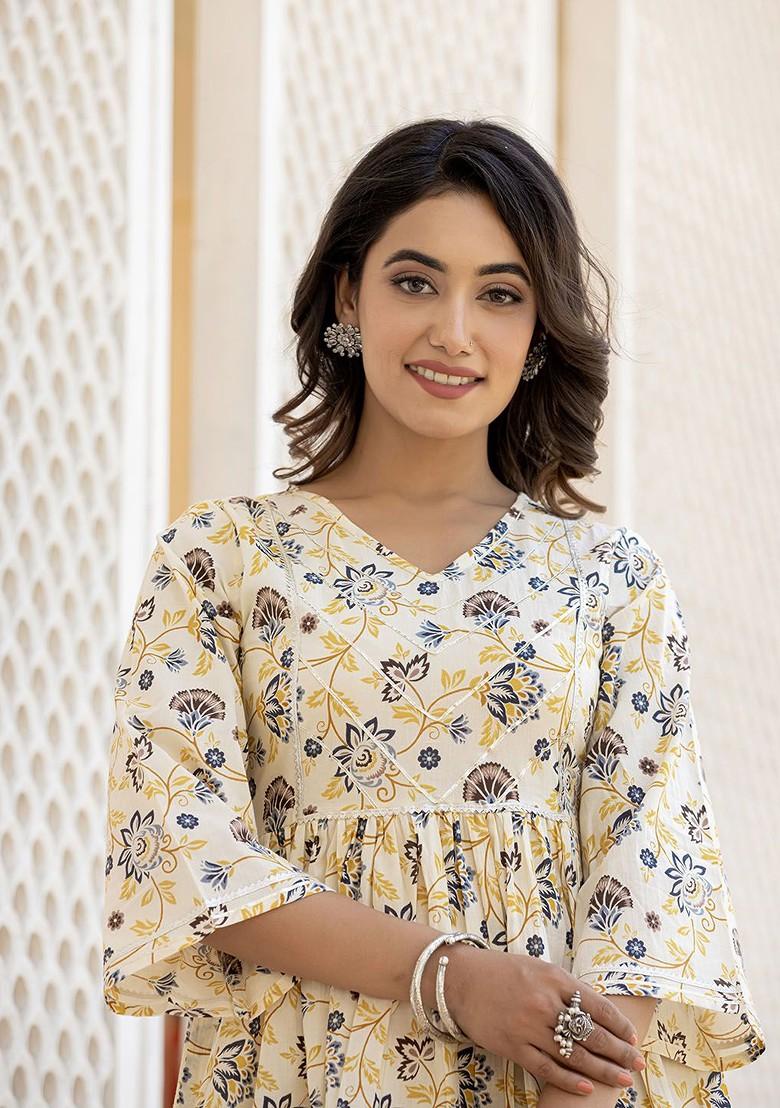 Yellow Floral Print Cotton Kurta Set