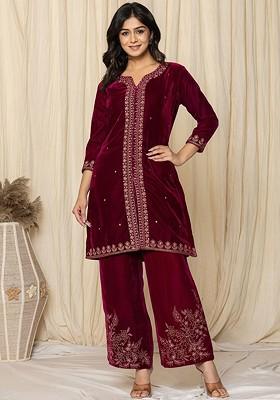 Pink Embroidered Velvet Fusion Set