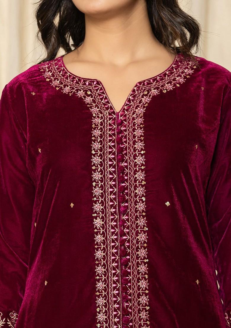 Pink Embroidered Velvet Fusion Set