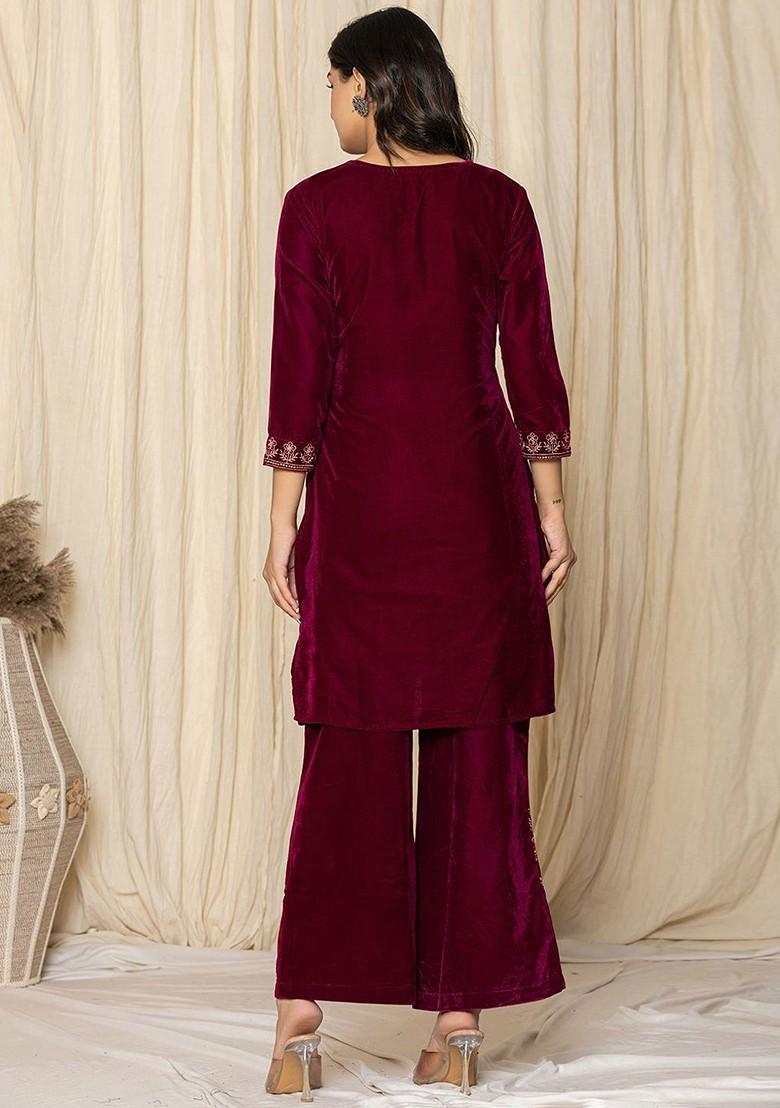 Pink Embroidered Velvet Fusion Set
