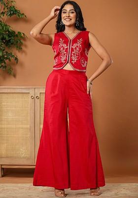 Red Embroidered Silk Fusion Set