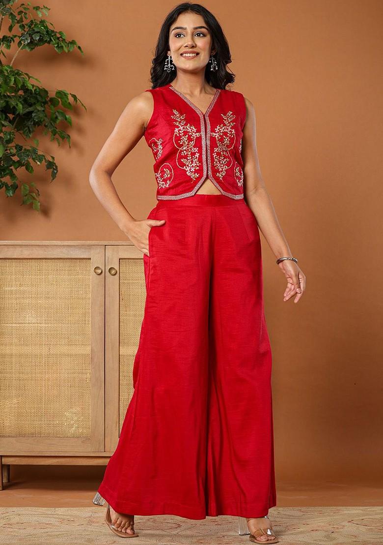 Red Embroidered Silk Fusion Set