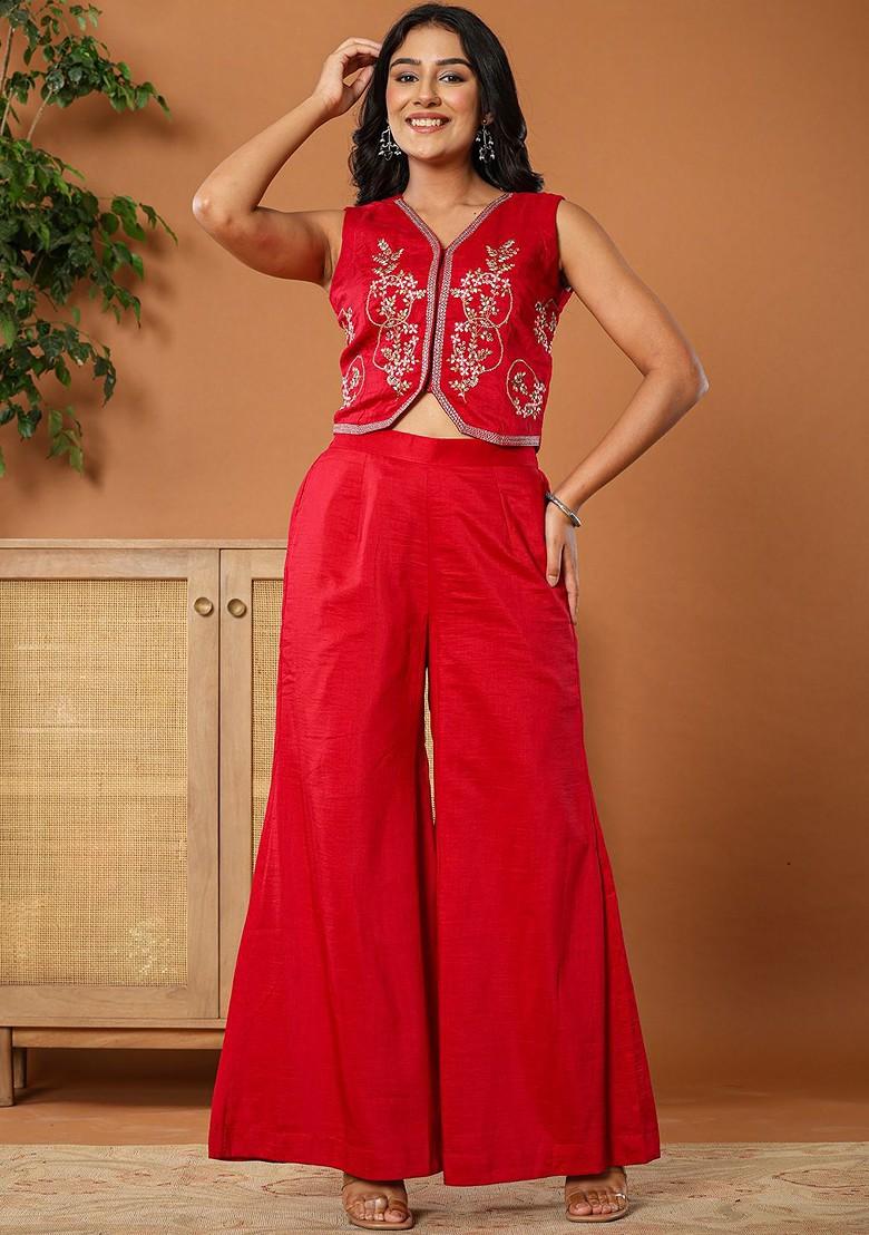 Red Embroidered Silk Fusion Set