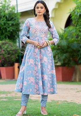 Grey Floral Print Cotton Kurta Set