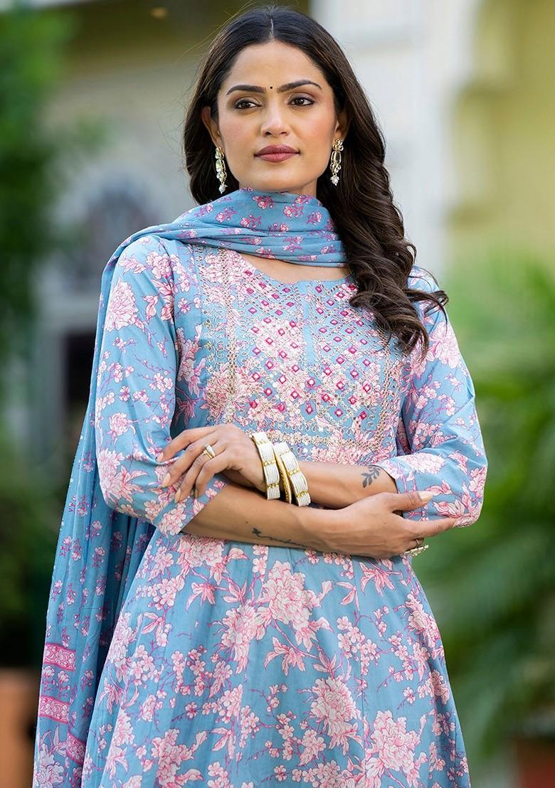 Grey Floral Print Cotton Kurta Set