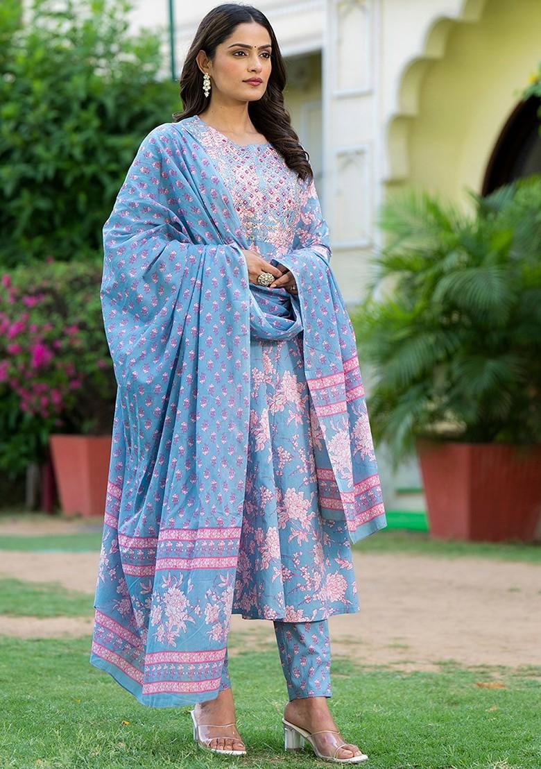 Grey Floral Print Cotton Kurta Set