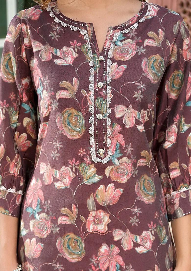 Brown Floral Print Poly Blend Kurta Set