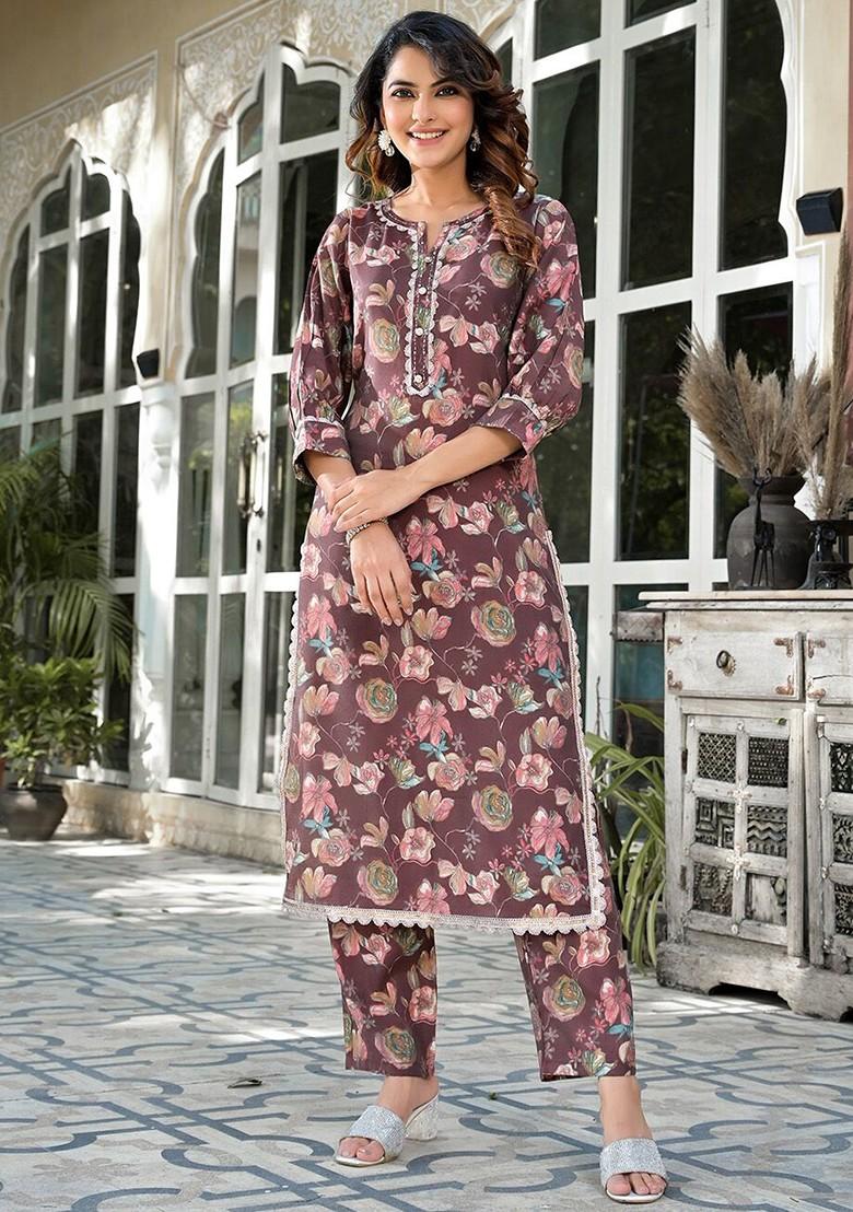 Brown Floral Print Poly Blend Kurta Set