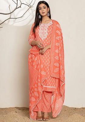 Peach Printed Cotton Kurta Set