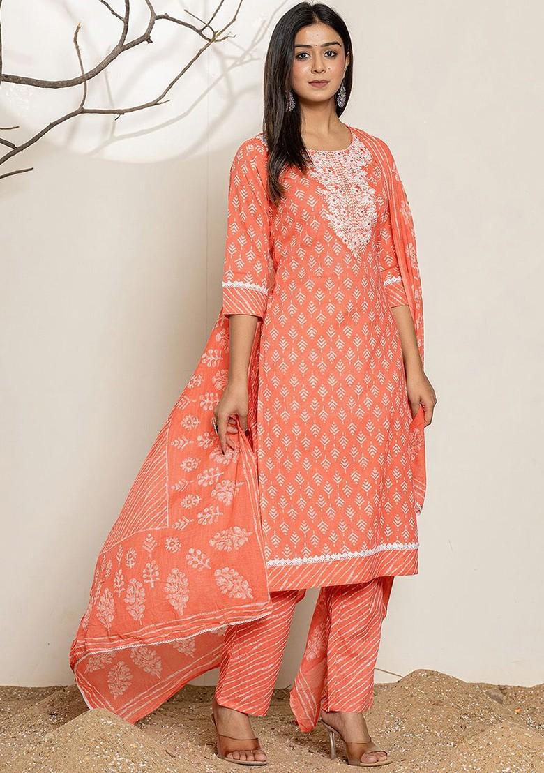 Peach Printed Cotton Kurta Set