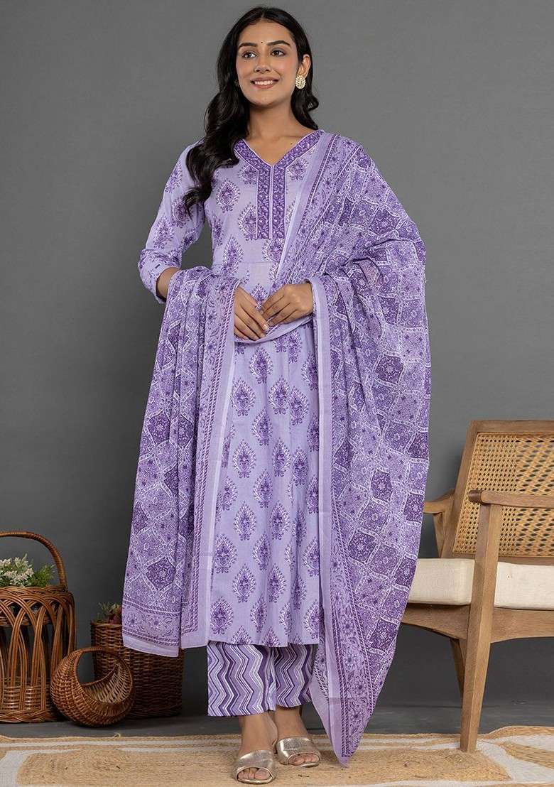 Purple Printed Cotton Straight Kurta Set - Indya