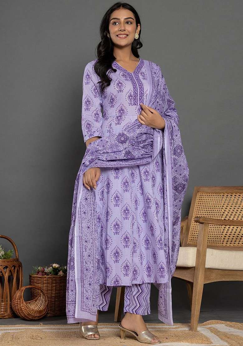 Purple Printed Cotton Straight Kurta Set - Indya