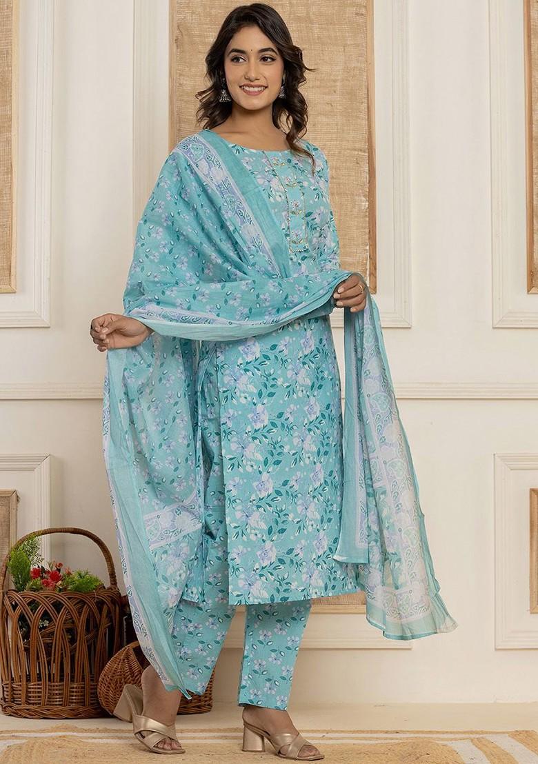 Green Floral Print Cotton Kurta Set