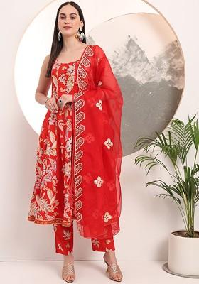 Red Floral Print Cotton Kurta Set