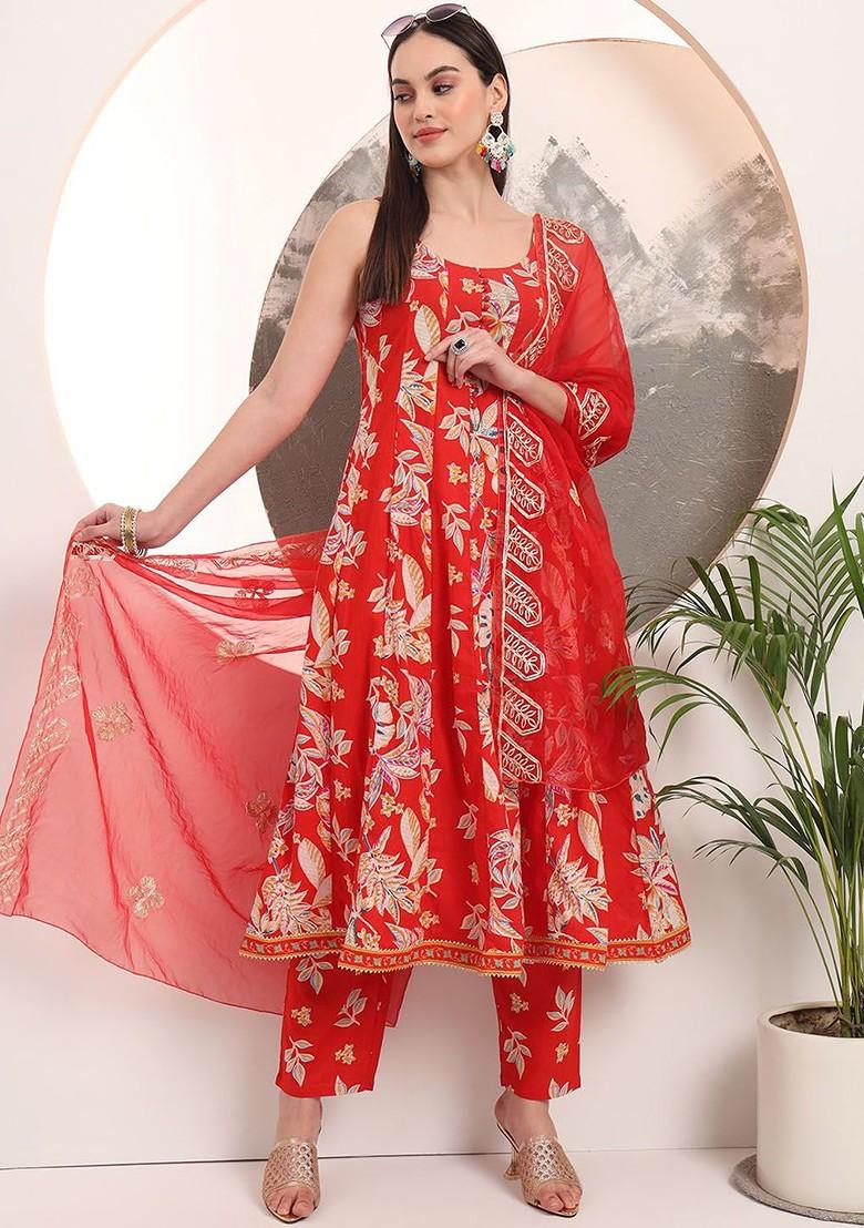 Red Floral Print Cotton Kurta Set