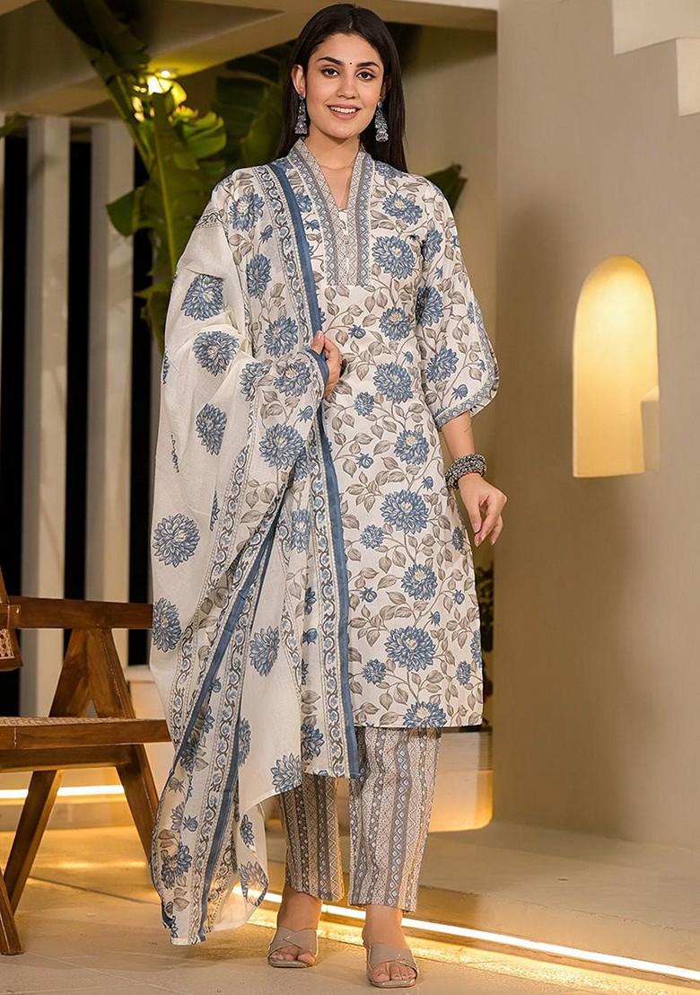 Blue Floral Print Cotton Kurta Set