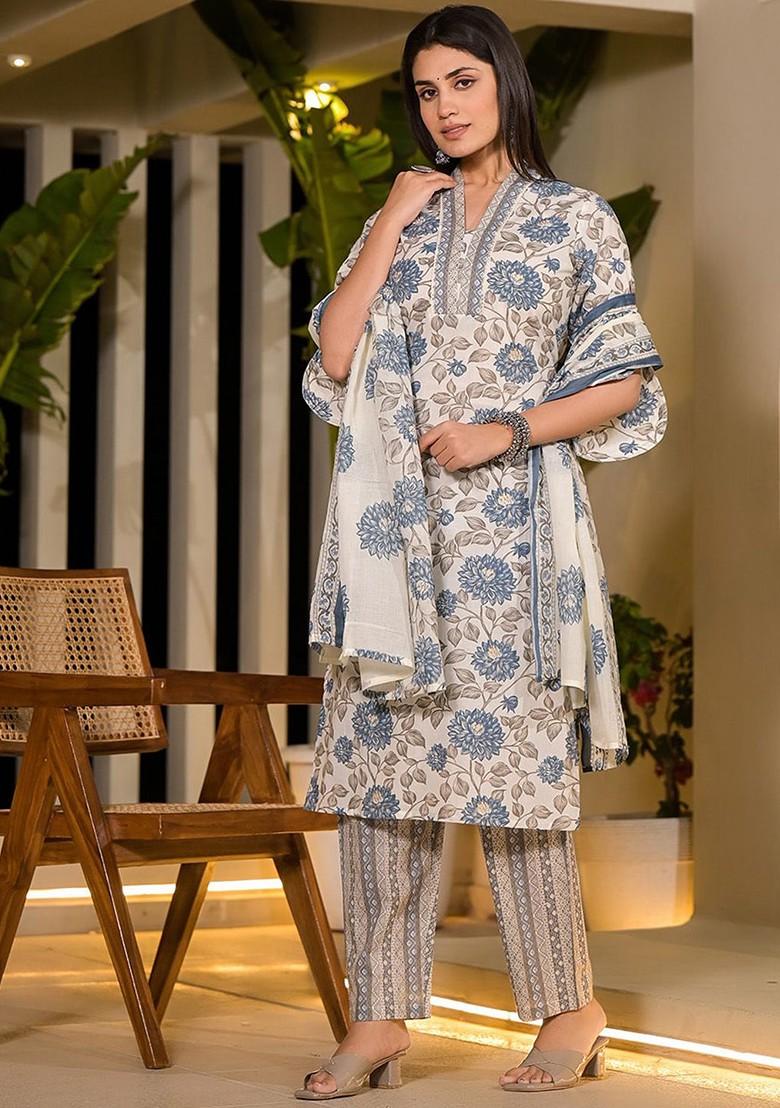 Blue Floral Print Cotton Kurta Set