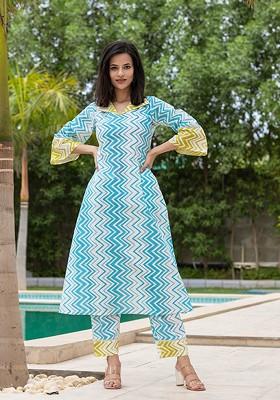 Blue Printed Cotton A Line Kurta Set