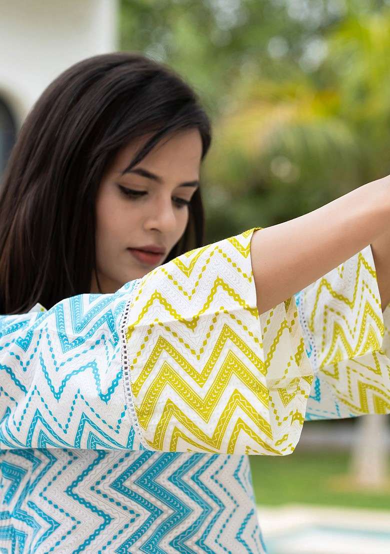 Blue Printed Cotton A Line Kurta Set - Indya