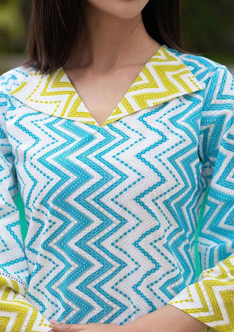 Blue Printed Cotton A Line Kurta Set - Indya