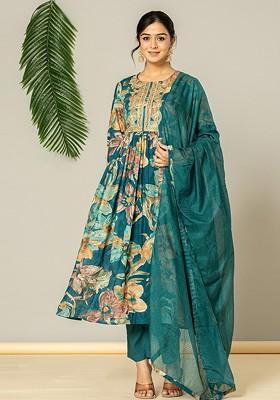 Teal Embroidered Poly Blend Kurta Set