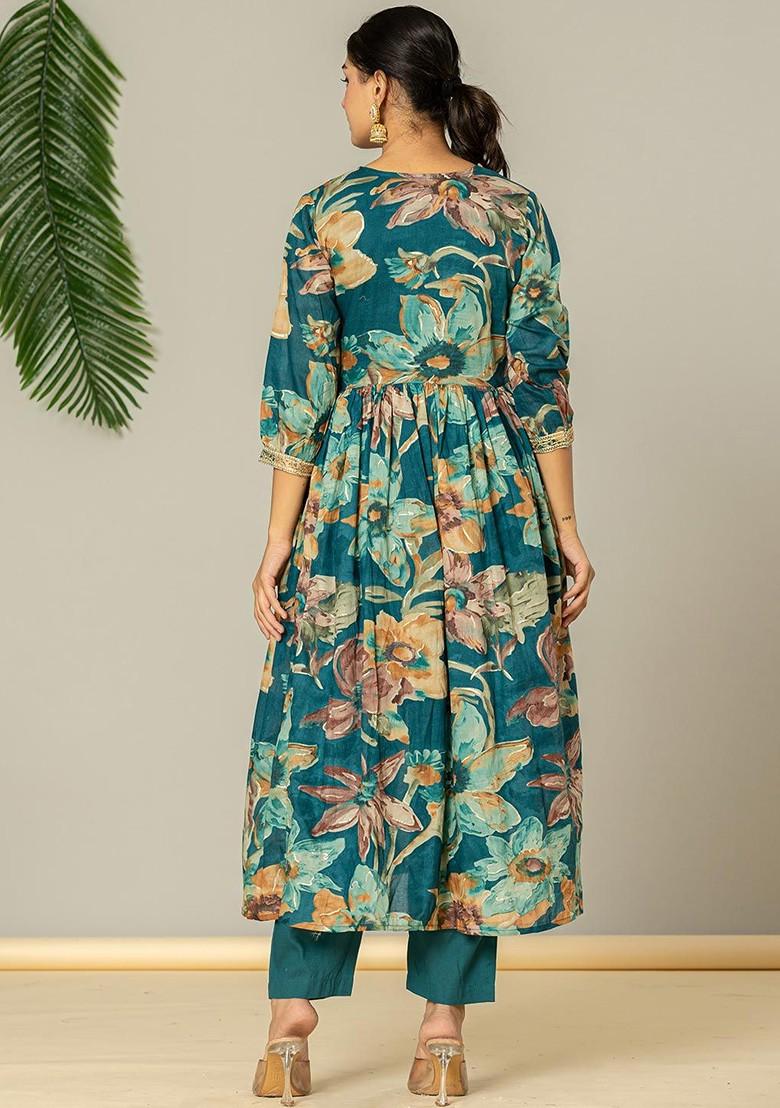 Teal Embroidered Poly Blend Kurta Set