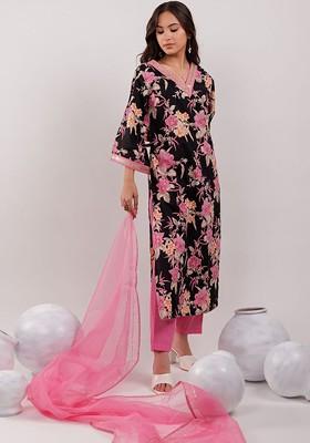 Black Embroidered Cotton Kurta Set