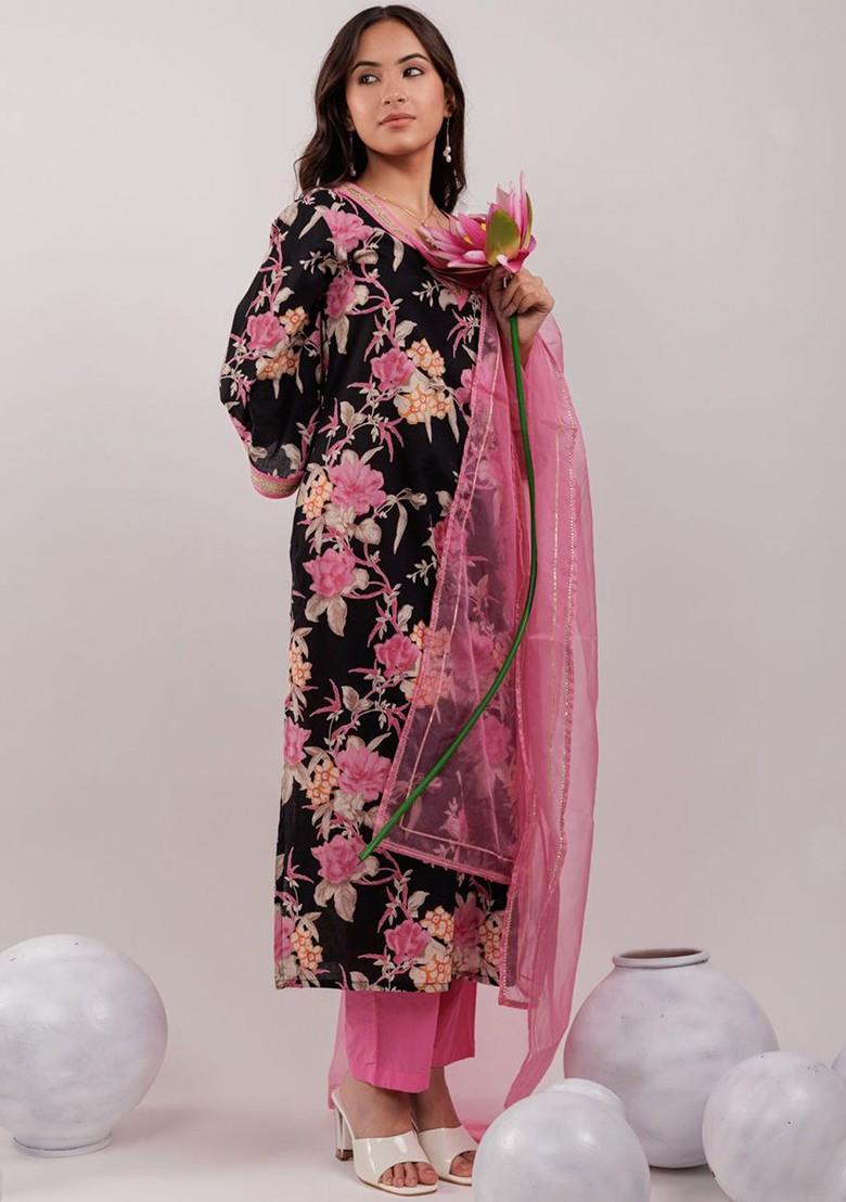 Black Embroidered Cotton Kurta Set