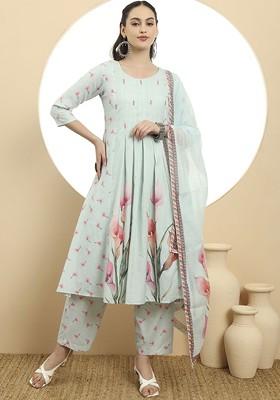Blue Embroidered Poly Blend Kurta Set