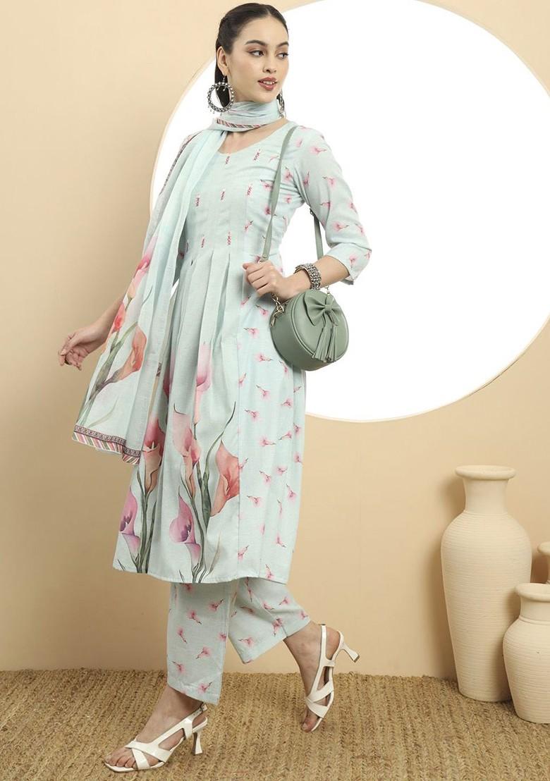 Blue Embroidered Poly Blend Kurta Set