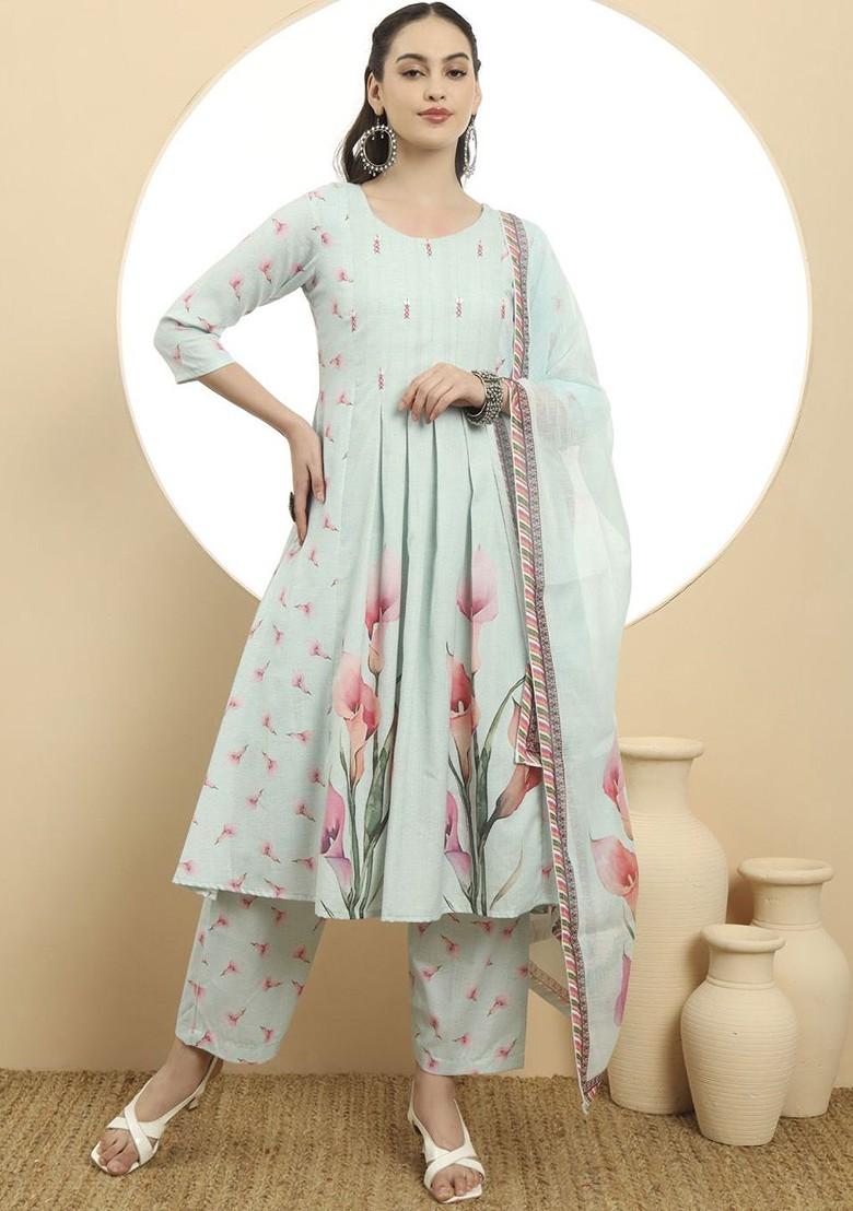 Blue Embroidered Poly Blend Kurta Set