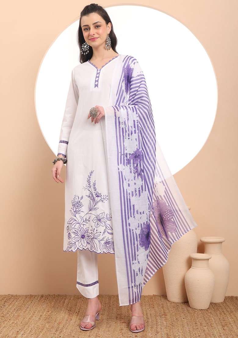 White Floral Print Cotton Straight Kurta Set - Indya